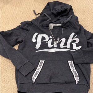PINK Victoria's Secret Dark Gray Hoodie with White Y2K Retro Vintage 1/4 zip